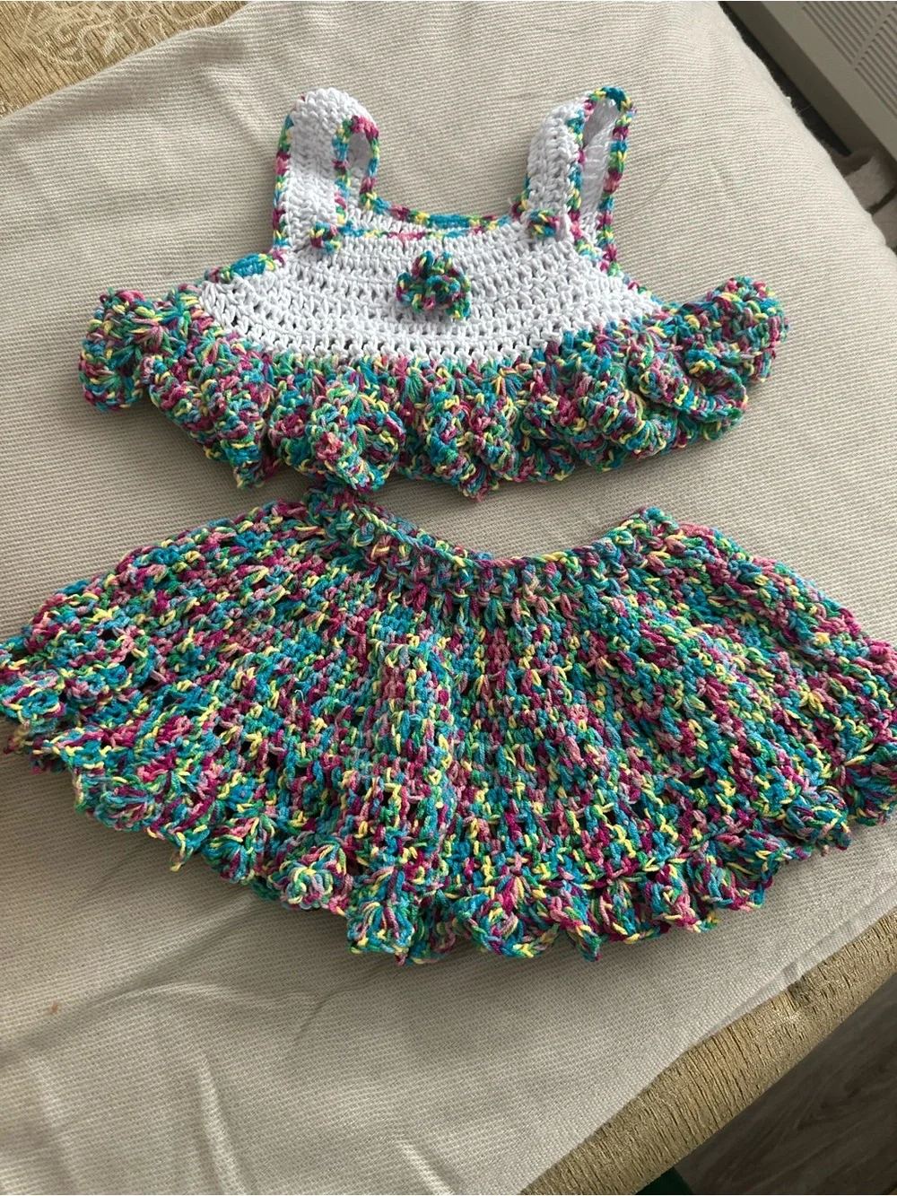 Hand-Crocheted Baby Two-Piece Set in White with Multicolor Ruffles